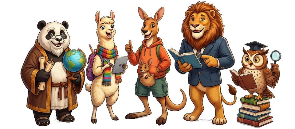 Ming the panda, Lima the llama, Kip the kangaroo, Leo the lion and Ollie the owl
