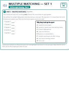 First page of B2 First Listening Part 3: Multiple Matching (Set 1), B2 exam practice