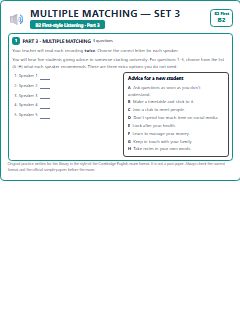 First page of B2 First Listening Part 3: Multiple Matching (Set 3), B2 exam practice