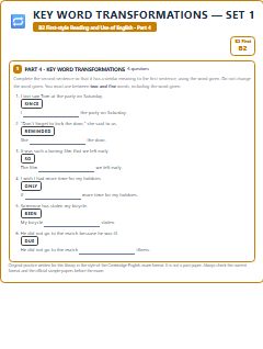 First page of B2 First Reading and Use of English Part 4: Key Word Transformations (Set 1), B2 exam practice