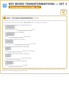 First page of B2 First Reading and Use of English Part 4: Key Word Transformations (Set 3), B2 exam practice