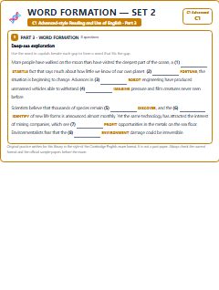 First page of C1 Advanced Reading and Use of English Part 3: Word Formation (Set 2), C1 exam practice