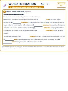 First page of C1 Advanced Reading and Use of English Part 3: Word Formation (Set 3), C1 exam practice