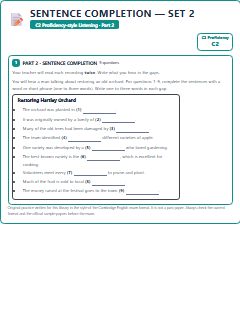 First page of C2 Proficiency Listening Part 2: Sentence Completion (Set 2), C2 exam practice