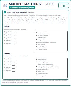 First page of C2 Proficiency Listening Part 4: Multiple Matching (Set 3), C2 exam practice