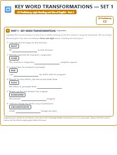 First page of C2 Proficiency Reading and Use of English Part 4: Key Word Transformations (Set 1), C2 exam practice