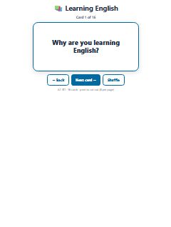 First page of Learning English, A2 speaking cards