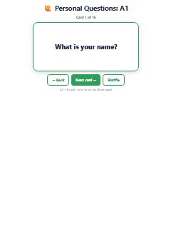 First page of Personal Questions: A1, A1 speaking cards
