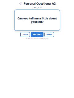 First page of Personal Questions: A2, A2 speaking cards
