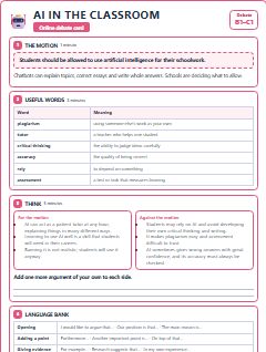 First page of Debate: AI in the Classroom, B1 lesson plan