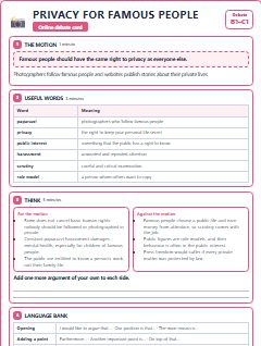 First page of Debate: Privacy for Famous People, B1 lesson plan