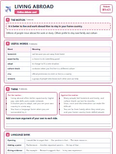 First page of Debate: Living Abroad, B1 lesson plan