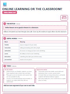 First page of Debate: Online Learning or the Classroom?, B1 lesson plan