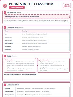 First page of Debate: Phones in the Classroom, B1 lesson plan