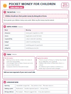 First page of Debate: Pocket Money for Children, B1 lesson plan