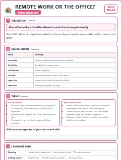 First page of Debate: Remote Work or the Office?, B1 lesson plan