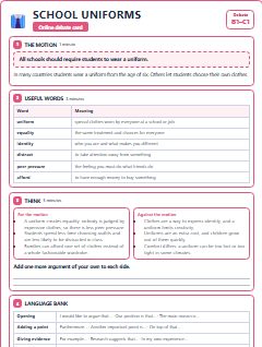 First page of Debate: School Uniforms, B1 lesson plan
