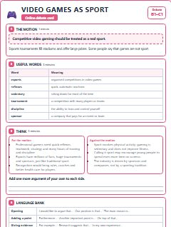 First page of Debate: Video Games as Sport, B1 lesson plan