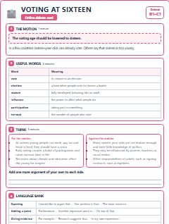 First page of Debate: Voting at Sixteen, B1 lesson plan