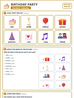 First page of First Words: Birthday Party, Pre-A1 worksheet