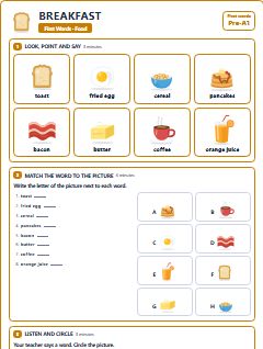 First page of First Words: Breakfast, Pre-A1 worksheet