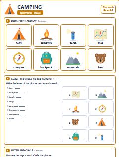 First page of First Words: Camping, Pre-A1 worksheet