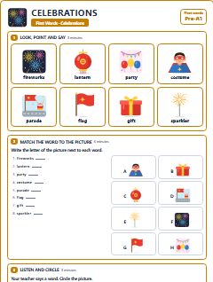 First page of First Words: Celebrations, Pre-A1 worksheet
