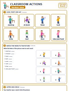 First page of First Words: Classroom Actions, Pre-A1 worksheet