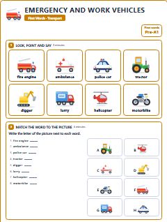 First page of First Words: Emergency and Work Vehicles, Pre-A1 worksheet