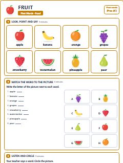 First page of First Words: Fruit, Pre-A1 worksheet