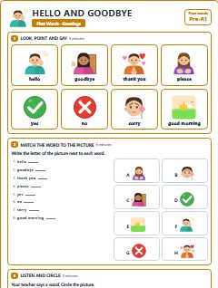 First page of First Words: Hello and Goodbye, Pre-A1 worksheet