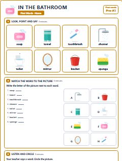 First page of First Words: In the Bathroom, Pre-A1 worksheet