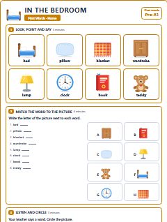 First page of First Words: In the Bedroom, Pre-A1 worksheet