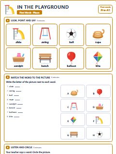 First page of First Words: In the Playground, Pre-A1 worksheet