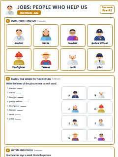 First page of First Words: Jobs: People Who Help Us, Pre-A1 worksheet
