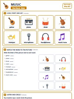 First page of First Words: Music, Pre-A1 worksheet