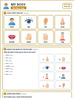 First page of First Words: My Body, Pre-A1 worksheet
