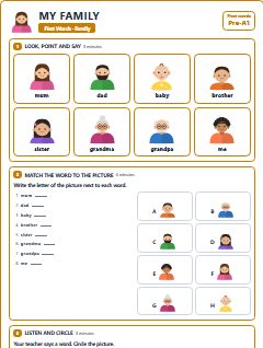 First page of First Words: My Family, Pre-A1 worksheet