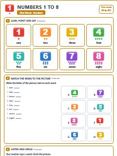 First page of First Words: Numbers 1 to 8, Pre-A1 worksheet