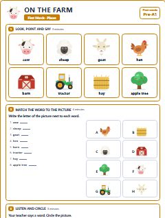 First page of First Words: On the Farm, Pre-A1 worksheet