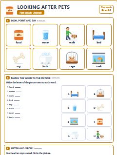 First page of First Words: Looking After Pets, Pre-A1 worksheet