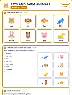 First page of First Words: Pets and Farm Animals, Pre-A1 worksheet