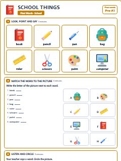 First page of First Words: School Things, Pre-A1 worksheet