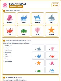 First page of First Words: Sea Animals, Pre-A1 worksheet