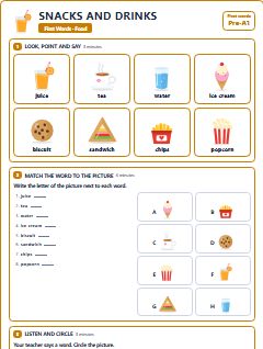 First page of First Words: Snacks and Drinks, Pre-A1 worksheet