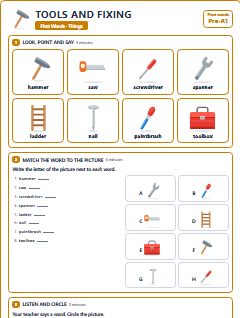 First page of First Words: Tools and Fixing, Pre-A1 worksheet