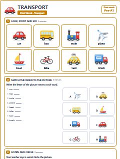 First page of First Words: Transport, Pre-A1 worksheet