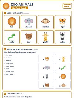 First page of First Words: Zoo Animals, Pre-A1 worksheet