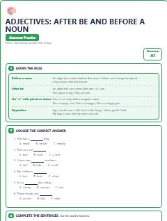 First page of Adjectives: After Be and Before a Noun, A1 grammar pack