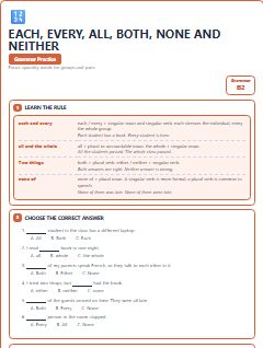 First page of Each, Every, All, Both, None and Neither, B2 grammar pack